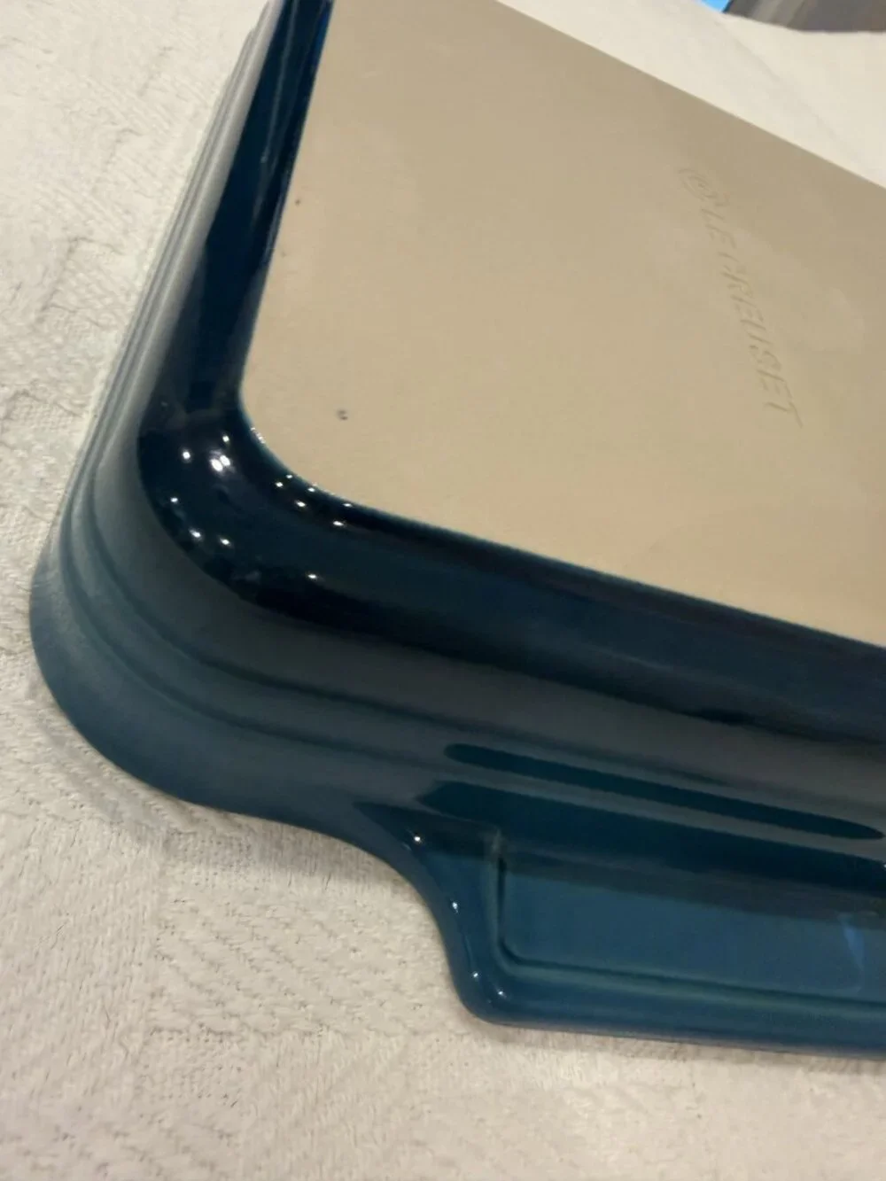 Le Creuset Square Stoneware Baking Dish Deep Blue Teal Cream Interior 11